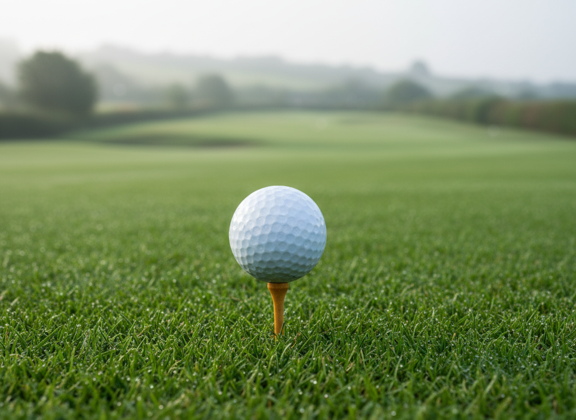 A close-up of a pristine white golf ball resting on a short wooden tee, positioned on a lush, dew-kissed tee box overlooking a gently curving fairway on a Welsh parkland course. Each dimple on the ball is crisply defined, tiny droplets of moisture clinging to the grass blades around it. Early morning light filters through a thin mist, creating a soft, diffused glow and delicate bokeh among distant trees and hedgerows. The camera sits at very low, ball-level height, with a narrow depth of field that keeps the ball tack-sharp while the fairway and rolling countryside blur into a tranquil backdrop. Photographic realism with a calm, focused, and professional mood that suggests preparation and concentration.