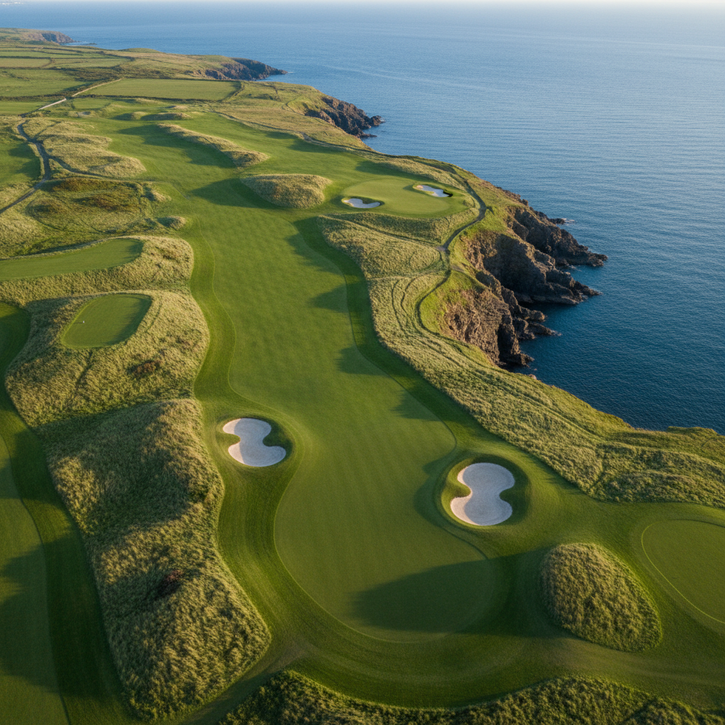 A sweeping aerial view of a coastal Welsh golf course tailored for senior players, featuring wide, forgiving fairways, clearly defined light-rough areas, and thoughtfully placed bunkers with gentle, walkable faces. The vibrant green of the course contrasts dramatically with rugged cliffs and a deep blue sea under a bright but softly diffused sky. Late-afternoon sunlight creates subtle relief on fairway contours and bunker edges, making the layout appear both challenging and fair. Shot from a high, slightly angled bird’s-eye perspective in photographic realism, with sharp focus throughout to emphasize strategic hole routing and spacious landing areas. The atmosphere feels grand, serene, and professional, ideal for showcasing championship venues used by the Welsh Seniors Golf Association.