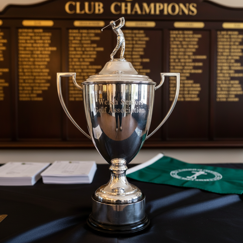 A polished silver golf trophy engraved with “Welsh Seniors Golf Association” resting on a dark, satin-lined presentation table in a traditional clubhouse interior. The trophy’s reflective surface captures soft highlights from warm overhead pendant lighting, emphasizing its engraved details and elegant curved handles. Behind it, out of focus, are neatly arranged scorecards, a folded green velvet flag, and a classic wooden honours board with gold lettering, all adding quiet context without drawing attention away from the main subject. Shot from a slightly low, forward angle to give the trophy stature and importance, with a shallow depth of field and photographic realism, creating a dignified, professional, and celebratory atmosphere suitable for a senior golf association.