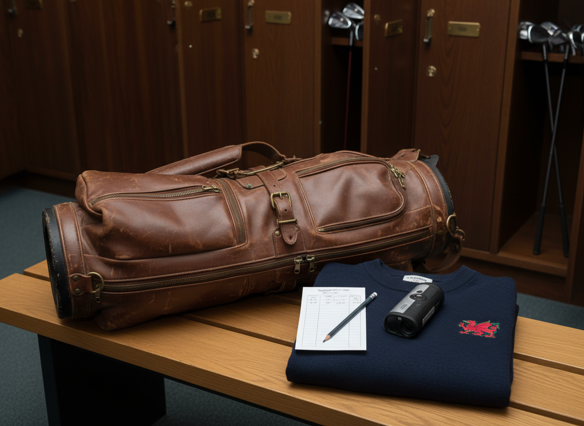 An elegantly arranged set of senior golf essentials laid out on a smooth oak locker-room bench: a slightly weathered leather golf bag with classic metal zips, a neatly folded navy windproof sweater embroidered with a small Welsh dragon, a scorecard and pencil, and a modern rangefinder resting nearby. Soft, even overhead lighting illuminates the subtle textures of leather, knit fabric, and paper without harsh shadows. In the softly blurred background, tall wooden lockers with brass nameplates and a glimpse of neatly stored clubs create context. Captured from a slightly elevated angle with balanced composition and photographic realism, the mood is orderly, professional, and reassuring, evoking the quiet preparation before a senior competition round.