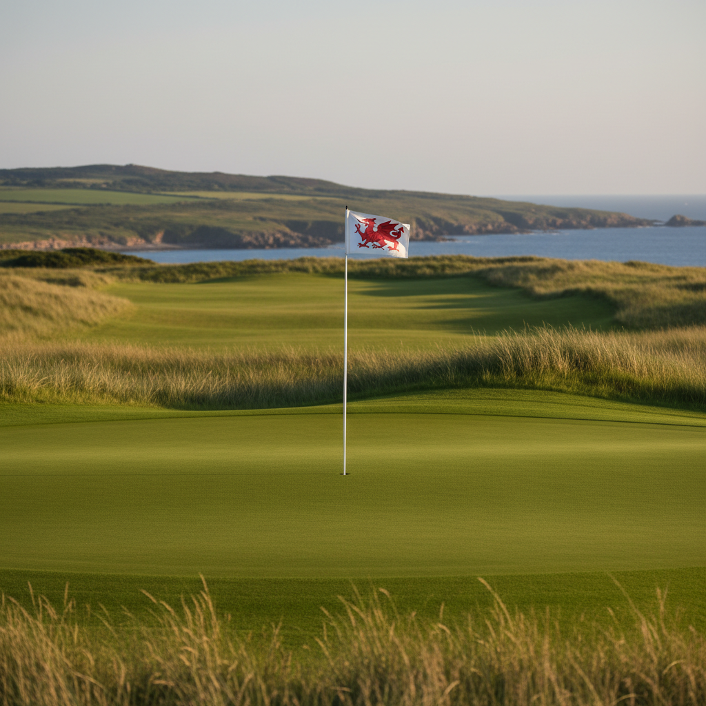 A perfectly manicured championship golf green on a classic Welsh links course, the smooth, closely mown grass transitioning into gently undulating fairway and wispy native rough beyond. A bright white flag with a subtle red dragon emblem stands crisp and upright in the center of the frame, its fabric faintly textured and catching a light coastal breeze. Soft late-afternoon sunlight casts long, elegant shadows from the flagstick and surrounding contours, highlighting the green’s subtle breaks. Distant rolling hills and a hint of rugged coastline blur into the background with a shallow depth of field. Photographic realism, eye-level composition with a clean, professional aesthetic that feels calm, prestigious, and timeless.