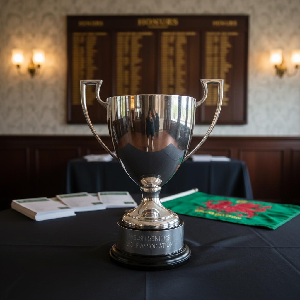 A polished silver golf trophy engraved with “Welsh Seniors Golf Association” resting on a dark, satin-lined presentation table in a traditional clubhouse interior. The trophy’s reflective surface captures soft highlights from warm overhead pendant lighting, emphasizing its engraved details and elegant curved handles. Behind it, out of focus, are neatly arranged scorecards, a folded green velvet flag, and a classic wooden honours board with gold lettering, all adding quiet context without drawing attention away from the main subject. Shot from a slightly low, forward angle to give the trophy stature and importance, with a shallow depth of field and photographic realism, creating a dignified, professional, and celebratory atmosphere suitable for a senior golf association.